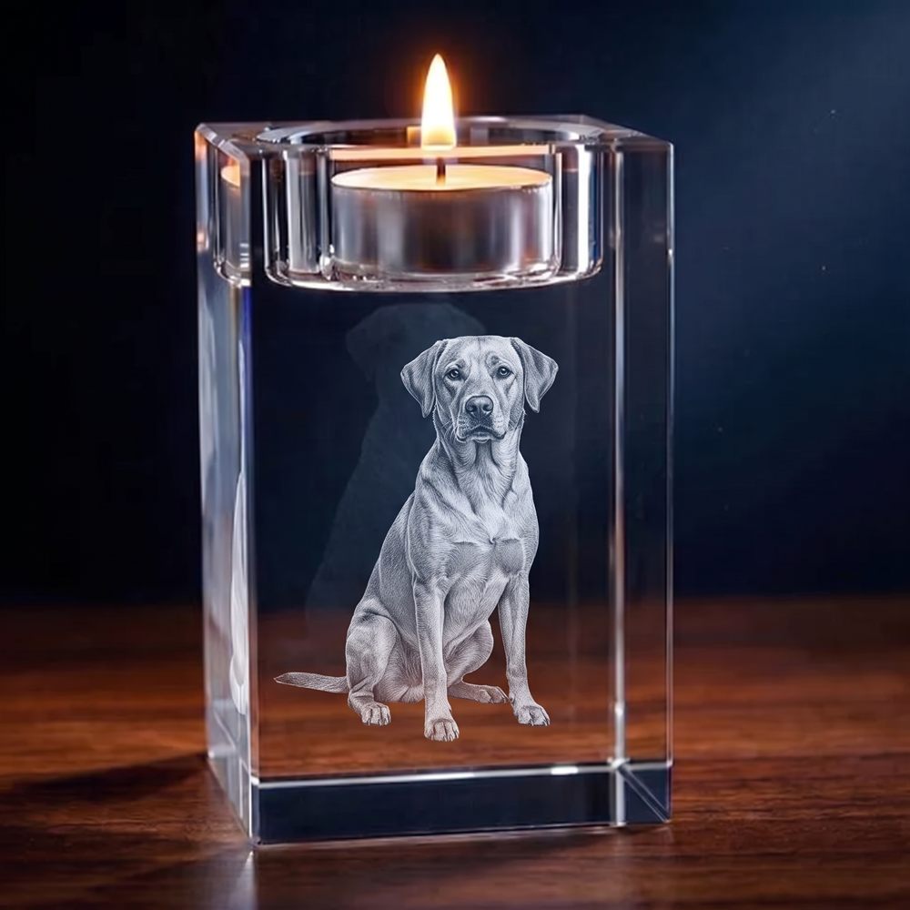 Portavelas de cristal con un perro grabado dentro, con una vela encendida arriba